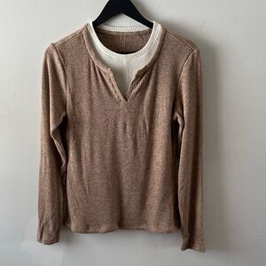 OGL Ribbed Long Sleeve Layered Look Top in Brown and Cream